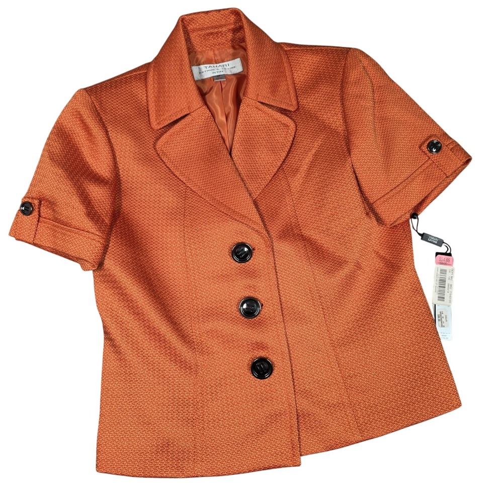 Tahari Short Blazer Orange Short Sleeve Textured Suit Jacket Top 4P Textured NEW